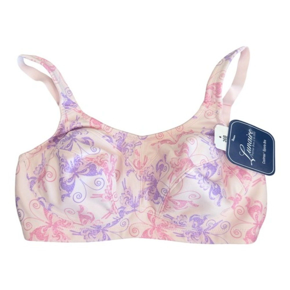 Lunaire Coolmax Sports Bra 36B Pink Purple Butterfly Print Wireless 11111 NWT‎
